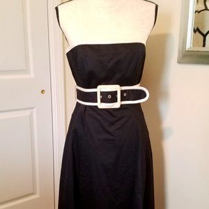 White House Black Market  Fit & Flare Black strapless belted dress w/ white trim